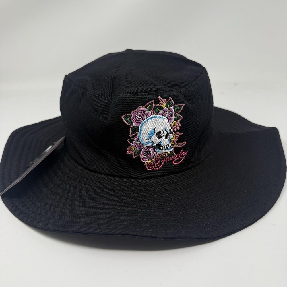 Ed Hardy Hat Boonie Mens One Size Black Skull Roses Tattoo Wide Brim Cotton